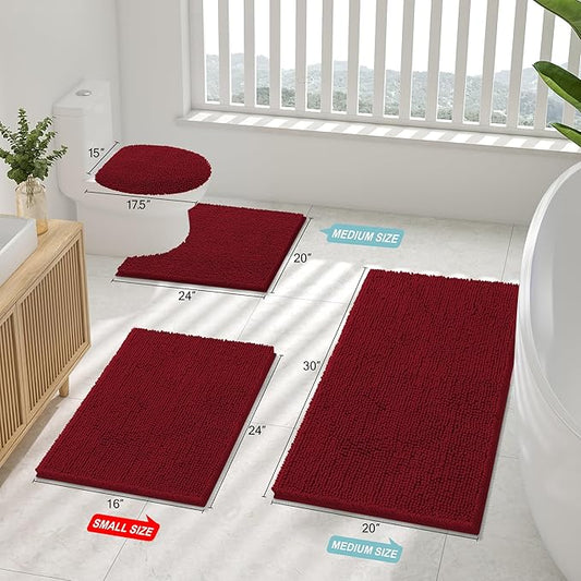 Smiry Luxury Chenille Toilet Rugs U-Shaped 24x20, Soft Absorbent Non-Slip Contour Bathroom Rugs for Toilet, Machine Washable Contoured Bath Mats, Red
