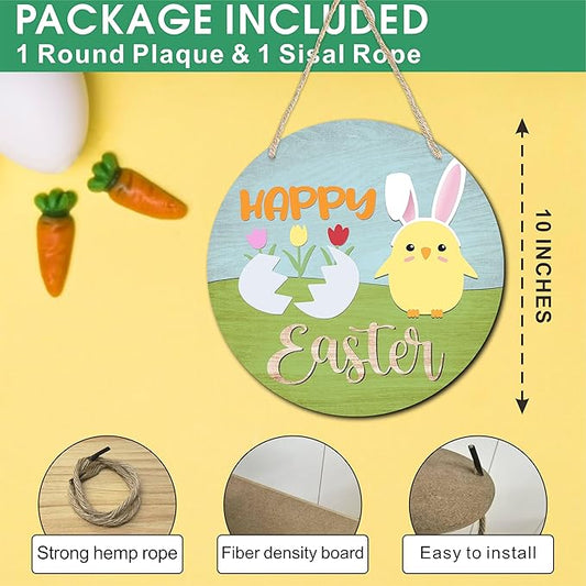 10" Easter Round Wooden Hanging Sign With Sisal Rope - Happy Easter - Chick And Bunny Ear Wooden Plaque For Front Door, Porch, Outdoor Indoor, Farmhouse Wall Decor Party Favor & Decorations - B01