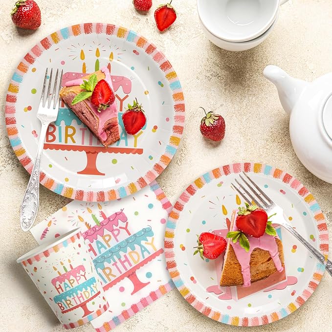 100pcs Birthday Party Plates Disposable Tableware Set Birthday Cake Pattern for 25 Guests Kid's Party Table Suppliesļ¼Include Plates, Cups and Napkinsļ¼