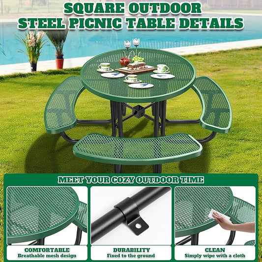 47'' Heavy-Duty Metal Picnic Tables with Umbrella Hole, Outdoor Steel Heavy Duty Commercial Grade Black Table, Outdoor Bench Set for Lawn, Patio, Park, Yard, Garden, Porch (Set B, Round)