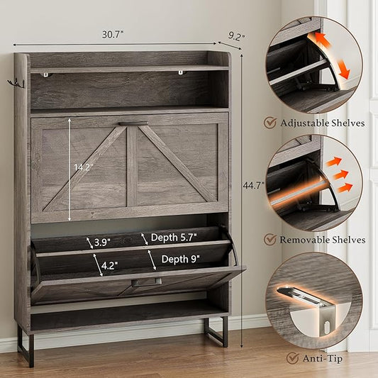 Shoe Cabinet with 2 Flip Drawers Narrow Shoe Storage Organizer Wooden Freestanding Rack Hidden Slim Shoes Storage Cabinet for Entryway, Hallway, Living Room, Bedroom (Grey)