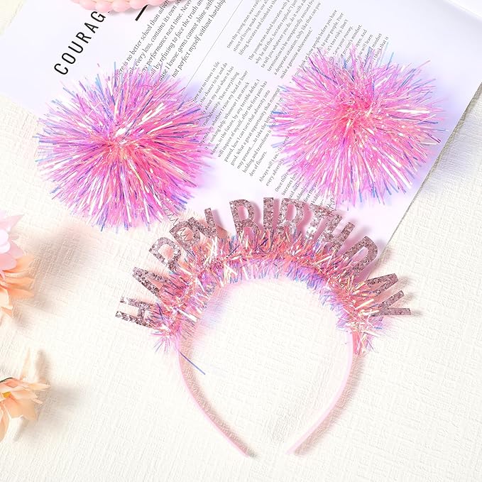 Birthday Crown for Girls and Women, Pom Pom Headband Happy Birthday Tiara Hair Headband Accessories for Adults Kids(Pink)