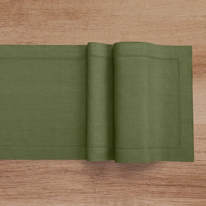 Solino Home Linen Olive Table Runner 108 Inches Long - 100% Pure Linen 14 x 108 Inch Table Runner for Fall, Autumn, Thanksgiving, Christmas - Classic Hemstitch
