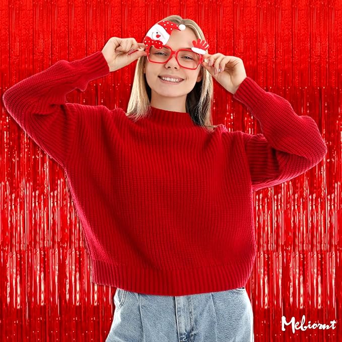 4 Pack Red Fringe Curtain Backdrop, 3.2Ft x 8.2Ft Metallic Tinsel Foil Fringe Streamers Background for Photo Booth Birthday Wedding Baby Shower Carnival Easter Mother’s Day Party Decorations