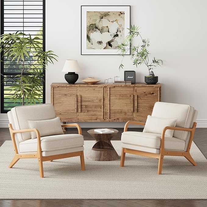 Mid-Century Accent Chair with Solid Wood Frame, Reading Relaxing Armchair Lumbar Pillow& Soft Cushion, Leisure Chair for Living Room, Bedroom, Waiting Room-Beige
