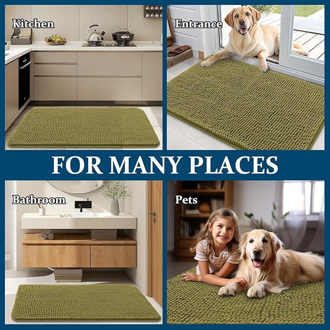 OLANLY Dog Door Mat for Muddy Paws 44x32, Absorbs Moisture and Dirt, Absorbent Non-Slip Washable Doormat, Quick Dry Chenille Mud Mat, Entry Indoor Entryway Carpet for Inside Floor, Willow Green