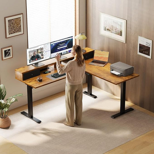 Casaottima 59 Inch Electric L-Shaped Standing Desk with Drawers, Height Adjustable Stand Up Corner Desk with Monitor Stand, Lift Table for Home, Office, Workstation, Rustic Brown