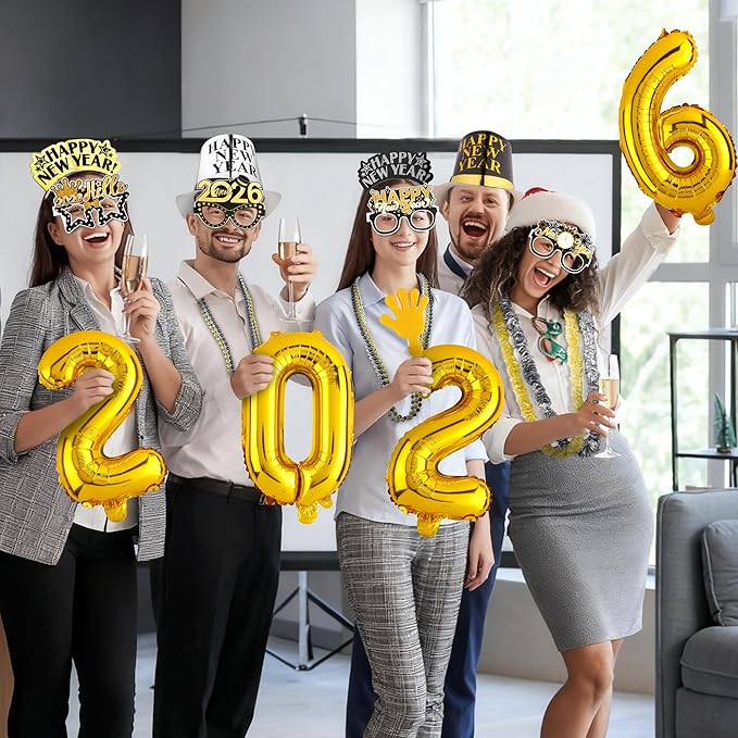 Fovths 145 Pieces 2026 New Years Eve Party Supplies Party Top Hats Headband Glasses Hand Clapper Leis Necklaces 2026 Gold Foil Balloons Happy New Year Decorations