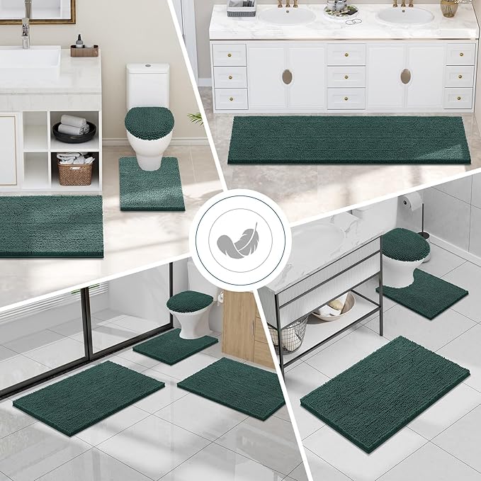 Smiry Luxury Chenille Bathroom Rugs 47x20, Extra Soft and Absorbent Shaggy Bath Mat, Machine Washable, Non-Slip Plush Carpet Runner for Tub, Shower, and Floor, Home Decor Accessories, Green