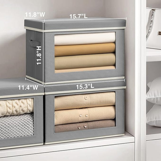 Large Storage Bins with Lids - Fabric Storage Cubes with Window, Collapsible Bins for Clothes, 15.7 Inch Large Baskets for Bedroom, Dorm, Office, Grey, 6 Pack
