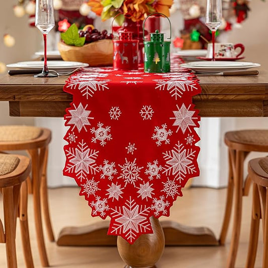 Joyfol Day Christmas Red Table Runner 14 x 69 Inch, Cutwork Embroidered White Snowflake Table Runners, for Xmas Holiday Winter Festival Kitchen Dining Tabletop Decoration