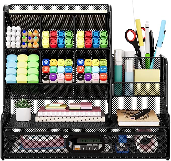 Desk Organizer with Drawer, Mesh Marker Pen Holder for Desk, 13 Compartments Stationery and Art Supplies Organizer, Office Accessories and Workspace Storage Rack, Black