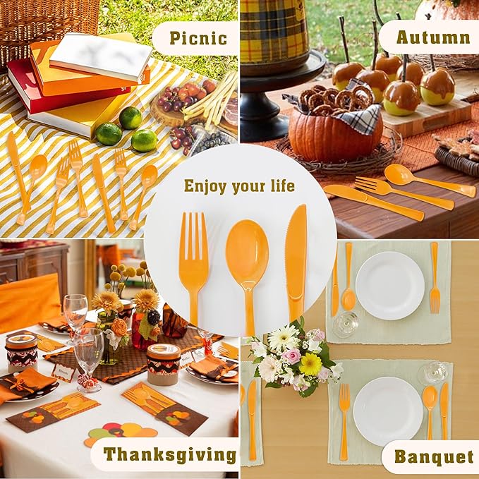 150 Pcs Orange Plastic Silverware, Orange Plastic Cutlery Disposable Includes 50 Forks, 50 Spoons, 50 Knives for Birthday, Fall Party,Halloween, Thanksgiving