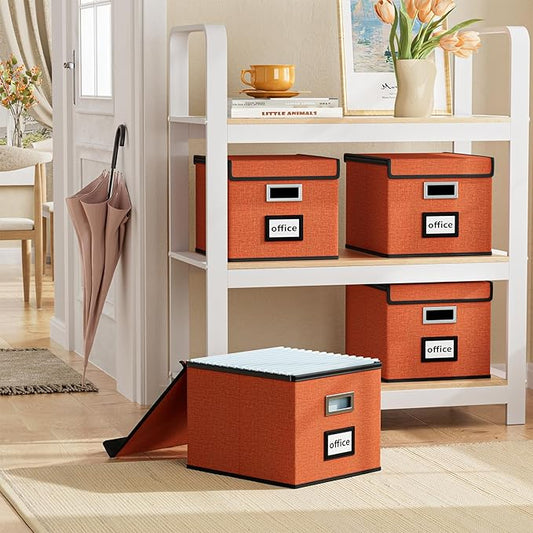 Huolewa File Organizer Box with Lid, Collapsible File Folder Organizer for Office Document Storage, Filing Box with Plastic Slide for Letter Size Hanging File Folders(1 Pack, Reddish Organge)