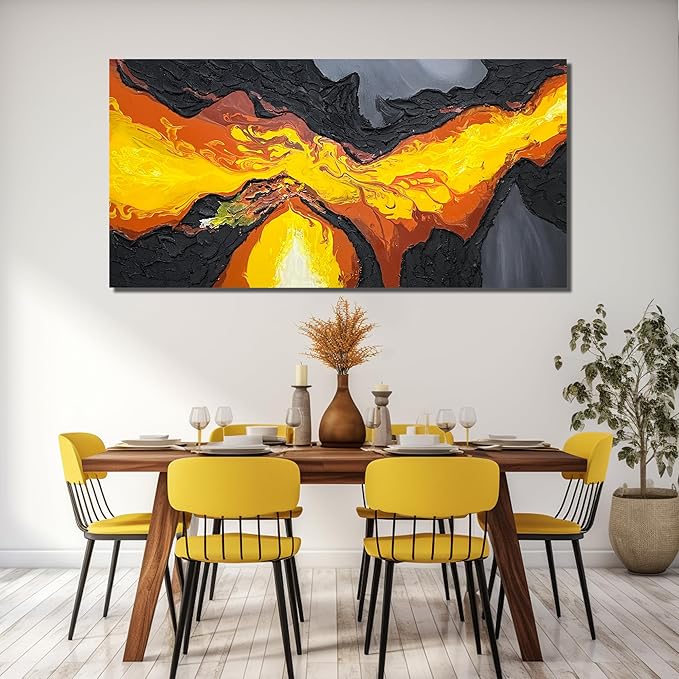 GUGIKA Large Abstract Wall Art for Living Room, Hand Painted 3D Textured Magma Paintings, Black and Gold Yellow Volcanic Lava Canvas Wall-Decor for Bedroom, Size 72x36 Inches
