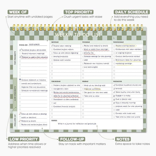 Taja Weekly To Do List Notepad with 52 Undated Sheets(8.5"×11")- Weekly Desk Planner for Women & Man, Work and Home - 1 Pack Mint Checkered