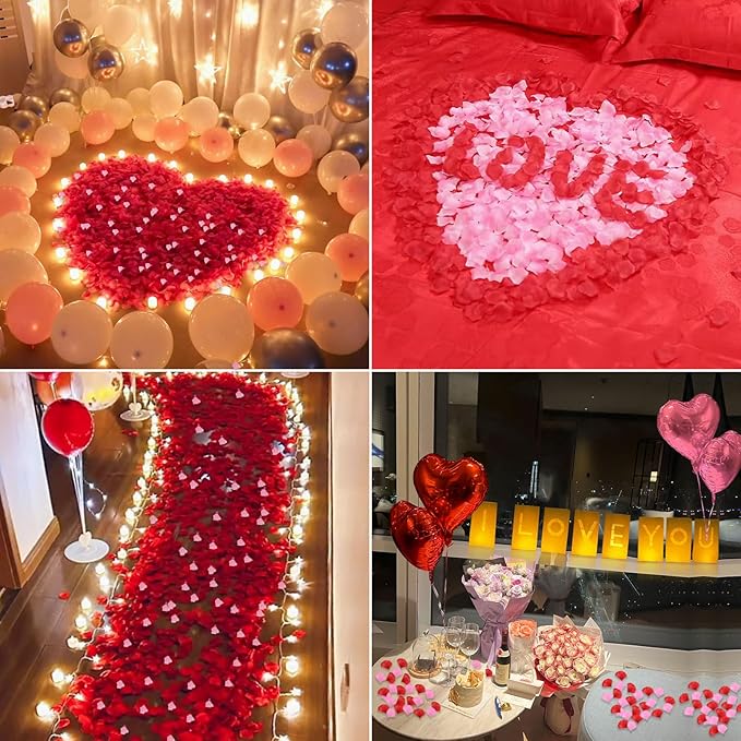 I Love You Lighted Letters Sign 8pcs Luminary Paper Bags 2000pcs Red Pink Artificial Rose Petals 48pcs Flameless LED Candle Tealight 10pcs Heart Balloons Romantic Night Valentine's Day Decorations