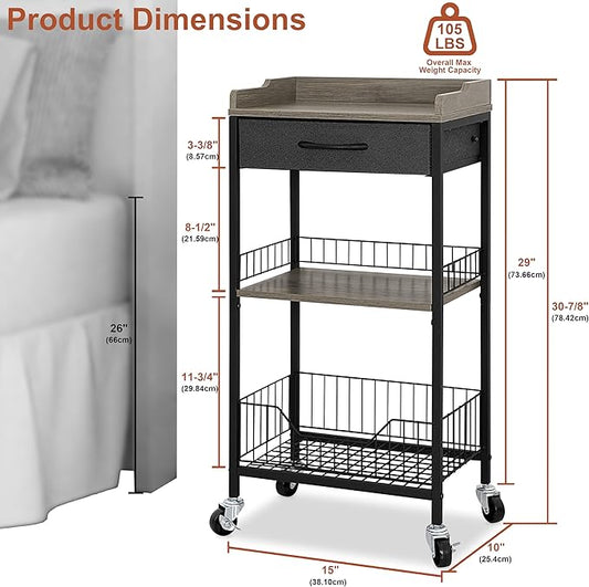 4-Tier Tall Side Table with Optional Wheels, Narrow End Table with Drawer and Shelves, 30" High Small Storage Table for Living Room, Bedroom, Bathroom, Black & Grey