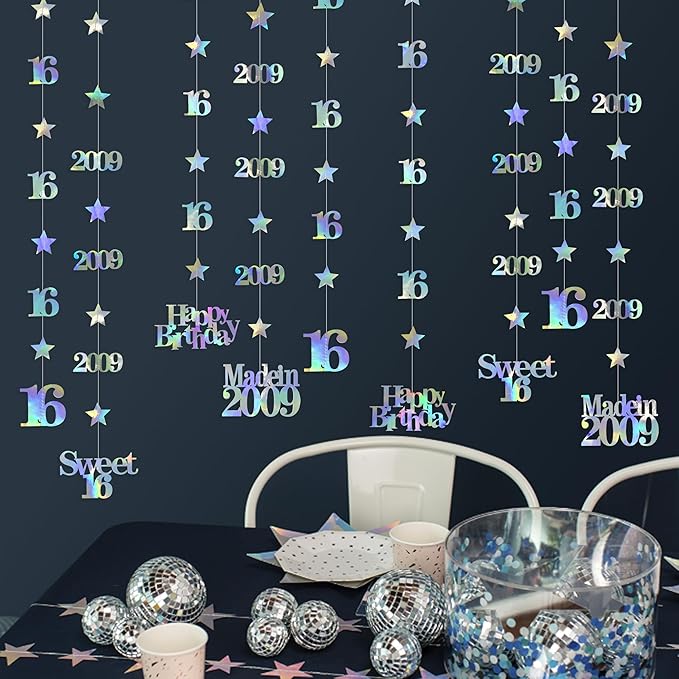 12PCS Iridescent 16th Birthday Decorations Number 16 and 2009 Star Garland Hanging Streamer Banner Backdrop for Girls Boys Cheers to 16 Years Birthday Made in 2009 Sweet Sixteen Party Decor Supplies