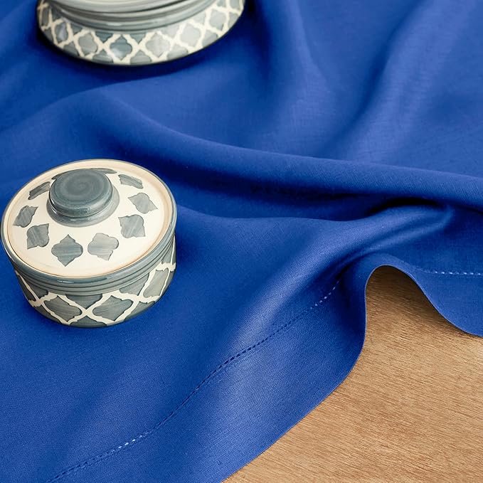 Solino Home Linen Royal Blue Table Runner 156 Inches Long - 100% Pure Linen Extra Long Table Runner 14 x 156 Inch for Christmas - Classic Hemstitch