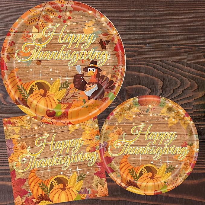 60pcs Fall Thanksgiving Plates and Napkins Party Decorations Happy Thanksgiving Autumn Dessert Plates Pumpkin Harvest Turkey Family Holiday Party Supplies Serves 20