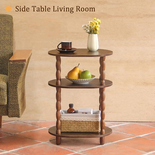 MaxSmeo Side Table with Charging Station, 3-Tier Small End Table with USB Ports and Outlets, Modern Oval Night Stand Accent Table for Living Room, Bedroom, Rustic Brown