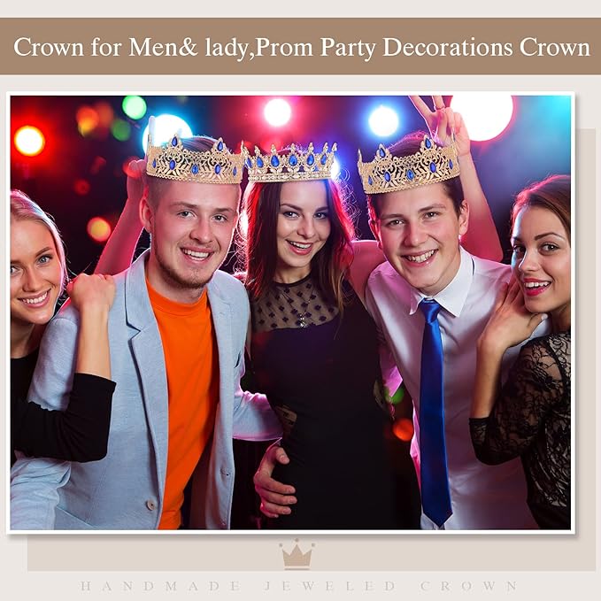 MTLEE 2 Pcs Prom King and Queen Crowns for Men Women King Queen Crowns Tiara with Rhinestone for Wedding Birthday Grad(Blue Gold, Blue Style)