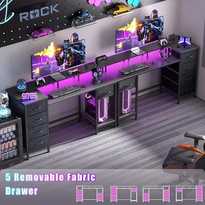 55 Inch Gaming Desk with Power Outlets and LED Lights, Reversible Computer Desk with 5 Fabric Storage Drawers, Home Office Desk with Monitor Stand for Working Writing Study, Carbon Fiber Black