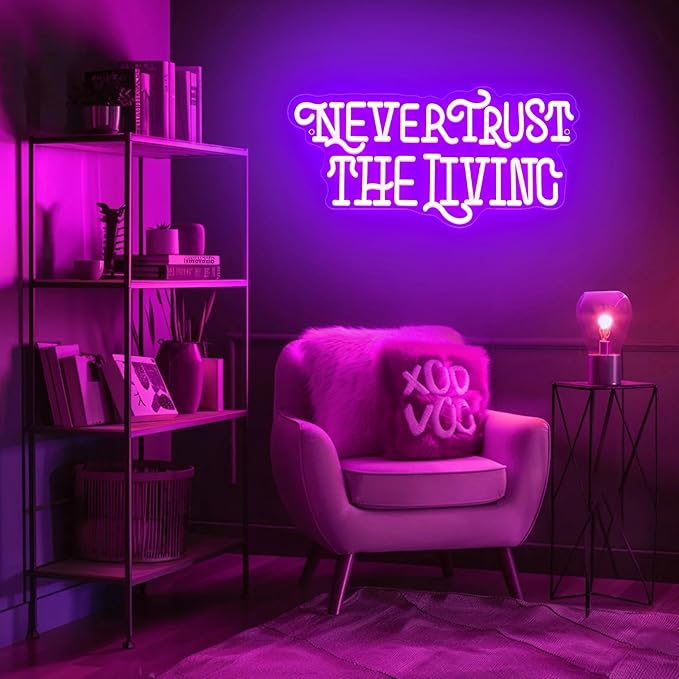 Never Trust The Living Neon Sign Mysterious Purple LED Light for Room Wall Decor Halloween Party Chamber of Secrets Man Cave Room Gothic Letters Neon