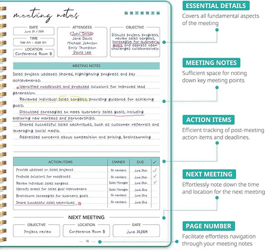 Meeting Notebook for Work Organization - Work notebook with action items, Meeting Minutes Planner Notebook, Perfect Office Supplies for Men & Women - Aquamarine