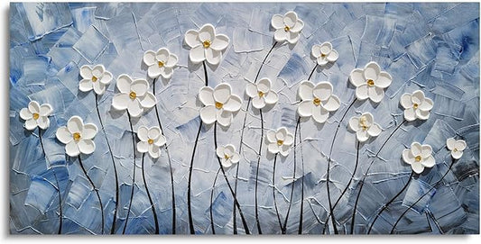 YHSKY ARTS 3D Hand - Painted White Floral Wall Art with Printed Blue Background, Textured Flower Decor for Home