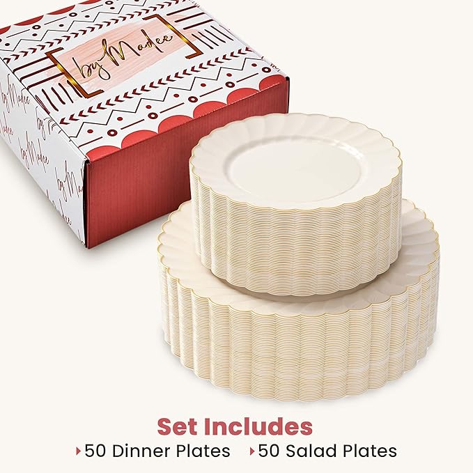 By Madee HEAVYWEIGHT 100 Pc Ivory Scalloped Plastic Plates for Party with Gold Trim | 50 Dinner & 50 Dessert Party Plates | Elegant Fancy for Wedding, Bridal Showers Special Moments (50 Guests)