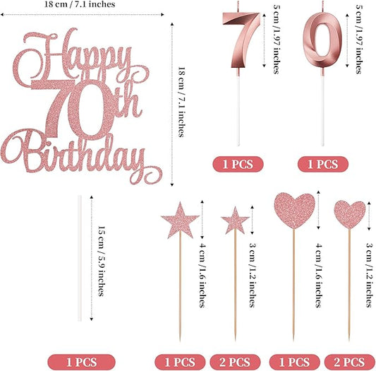 70th Birthday Cake Decorations, 70th Birthday Candles Cake Numeral Candles and Glitter Happy 70th Birthday Cake Toppers Set for Birthday Party Supplies (Rose Gold)
