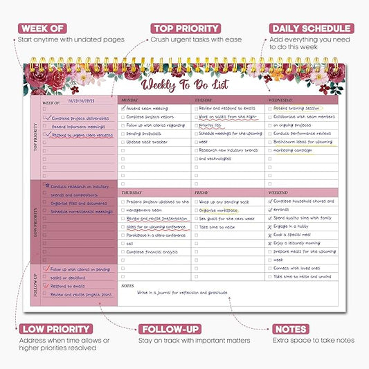 Taja Weekly To Do List Notepad with 52 Undated Sheets(8.5"×11")- Weekly Desk Planner for Women & Man, Work and Home - 1 Pack Crimson Garden