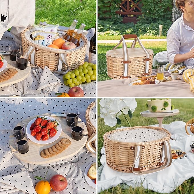 Picnic Basket Set for 4 - Wicker Insulated Picnic Basket with Folding Wine Table, Wine Picnic Kit with Liner for Couples, Camping, Outdoor, Valentine (Cherry)