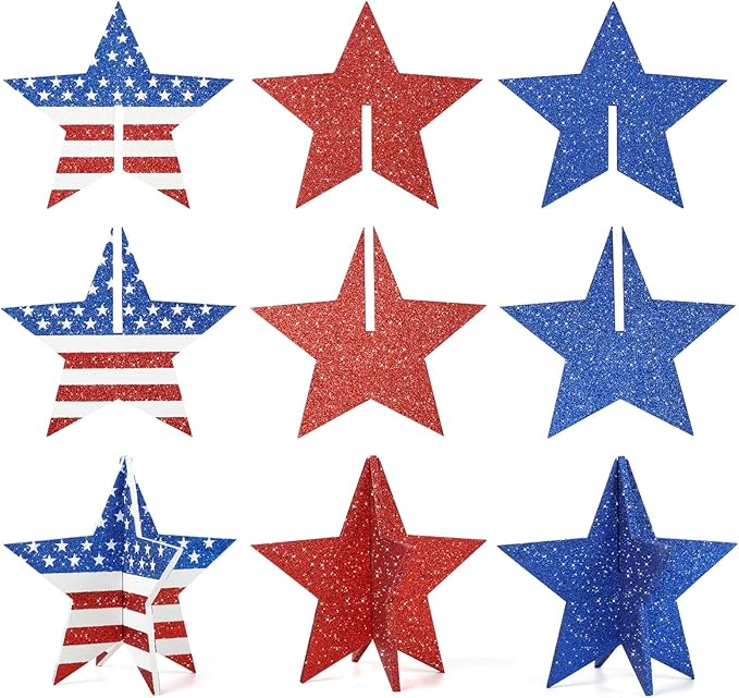 COCHIE 6 Inch Labor Day Decorations Wooden Stars Set, 3D Glitter Star Memorial Day Tiered Tray Decor, 4th of July Red White Blue Patriotic Decoration for Home Table Desk Door Shelf (Flag Style)