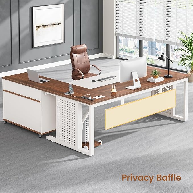 SEDETA 71" Executive Desk with Rolling File Cabinet, Large Office Desk with Drawers, L Shaped Computer Desk with Power Outlets, CPU Stand, Pegboard and Storage Shelves, White
