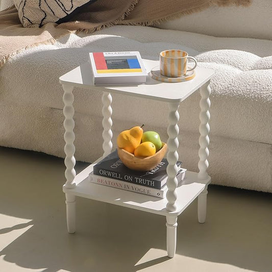 White End Table, Small Side Table with Storage Shelf, 2-Tier Modern NightStand for Bedroom, Living Room, Small Spaces (White)