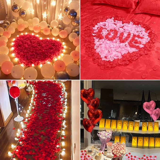 Quieres Ser Mi Novia Lighted Letters Sign 17pcs Luminary Paper Bags 2200pcs Red Pink Artificial Rose Petals 48pcs Flameless LED Candle Tealight 15pcs Heart Balloons Romantic Night Valentine's Day