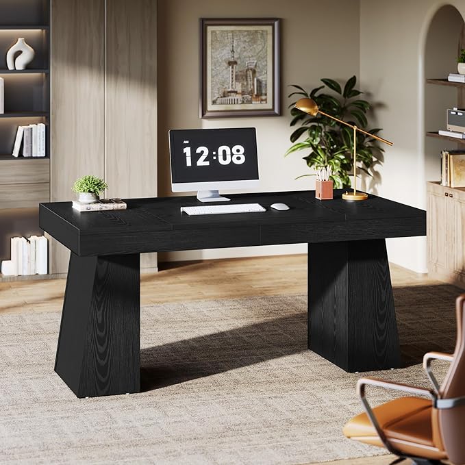 Tribesigns 55-Inch Executive Desk, Thick Wood Office Computer Desk with Double Pedestal, Modern Minimalist Workstations Writing Table Conference Table Furniture for Home Office, Black