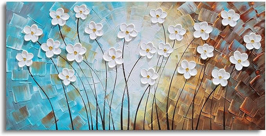 YHSKY ARTS Flower Canvas Wall Art Hand Painted 3D Turquoise Brown White Painting Modern Abstract Floral Pictures Aesthetic Artwork for Living Room Bedroom Dinning Room Decoration