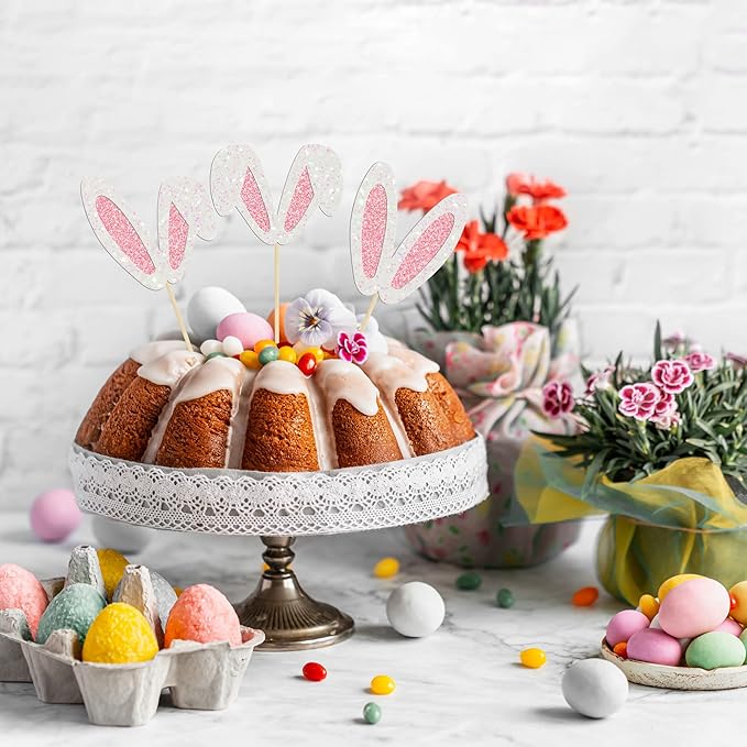 24Pcs Glitter Bunny Ears Cupcake Toppers Easter Rabbit Theme Happy Birthday Cupcake Picks for Bunny Happy Easter Baby Shower Birthday Spring Easter Party Cake Decorations