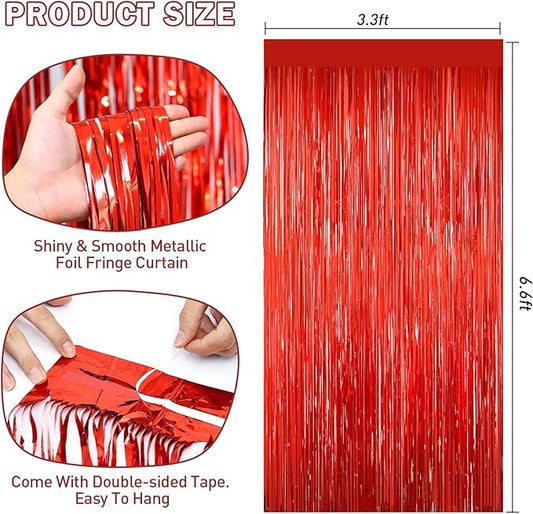 Red Tinsel Backdrop Foil Fringe Curtains - 2 Packs Door Streamers Backdrop for Birthday Door Decorations, Party Supplies for Bachelorette, Graduation, Christmas, Disco Decor