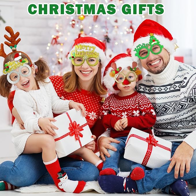 Christmas Accessories Bulk 24 Pack - Xmas Glitter Glasses Frames to Wear, One Size Holiday Eyeglasses Party Favors Supplies, Friendsmas Classroom Gifts Prizes Photo Props Decor for Costume