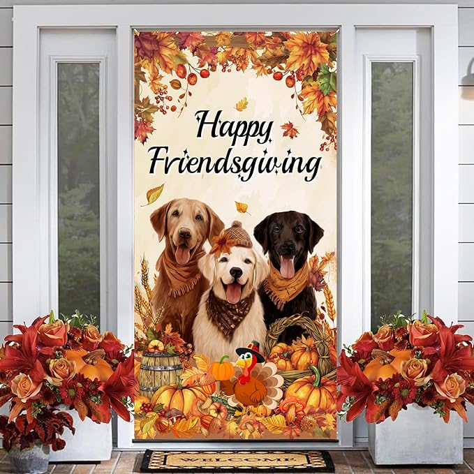 Friendsgiving Door Cover Banner Happy Thanksgiving Party Decorations, Dog Pumpkin Maple Leaves Give Thanks Turkey Friendsgiving Door Party Decorations