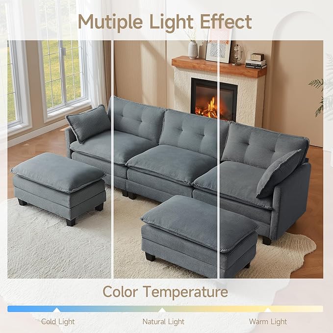 Modular Sectional Sofa, 111.5" U-Shaped Corduroy Comfy Sectional Couches for Living Room, 3-Seater Cloud Couches with 2 Movable Ottomans, Flexible Combination Modern Deep Seat Sofa (Grey)