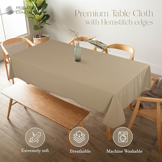 Beige Tablecloth, 100% Cotton Table Cover 60x102 Inch, Fits 8-10 Seats, Soft, Durable, Washable, Wrinkle Resistant, Rectangle Table Cloth for Dining, Home Decor, Dinner, Everyday Use