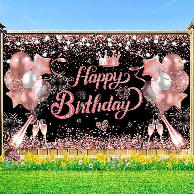 YinQin 180x120 cm Glitter Rose Golden Happy Birthday Party Backdrops Cloth 71x47 inch Pink Golden Bday Photography Backgrounds Black Rose Gold Happy Birthday Sign Banner Decorations for Girl Women