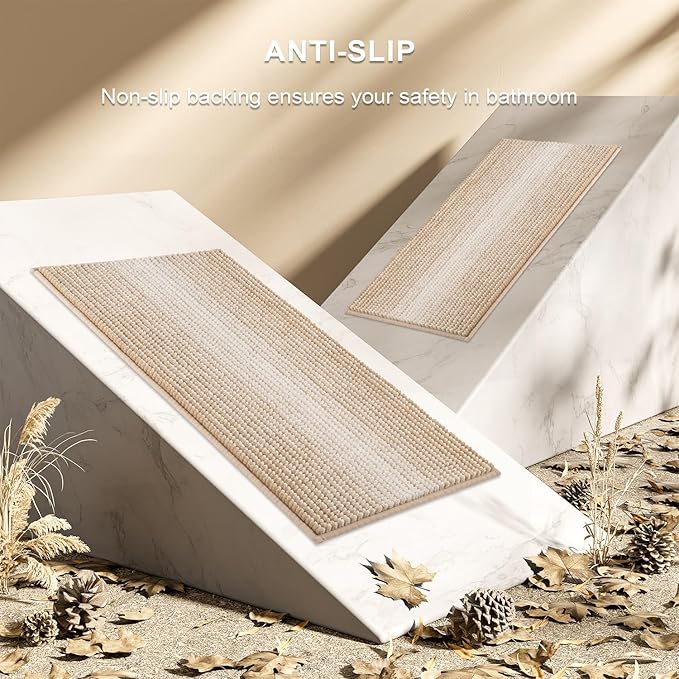 BSICPRO Bathroom Rugs and Mats Sets, 2 Piece Thick Absorbent Chenille Bath Mat Rug Set Non Slip, Soft Shaggy Bath Room Floor Mats for Bathroom, Machine Washable (20" x 32" Plus 16" x 24", Beige)