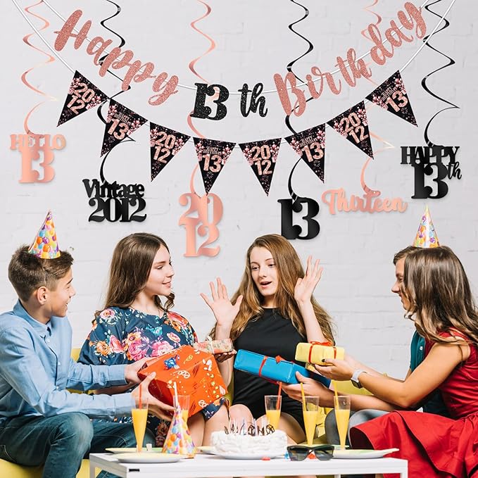 13th Birthday Decorations for Girls, Black Rose Gold Happy 13th Birthday Banner Hanging Swirls Vintage 2012 Birthday Decorations Kit Hello 13 Party Supplies
